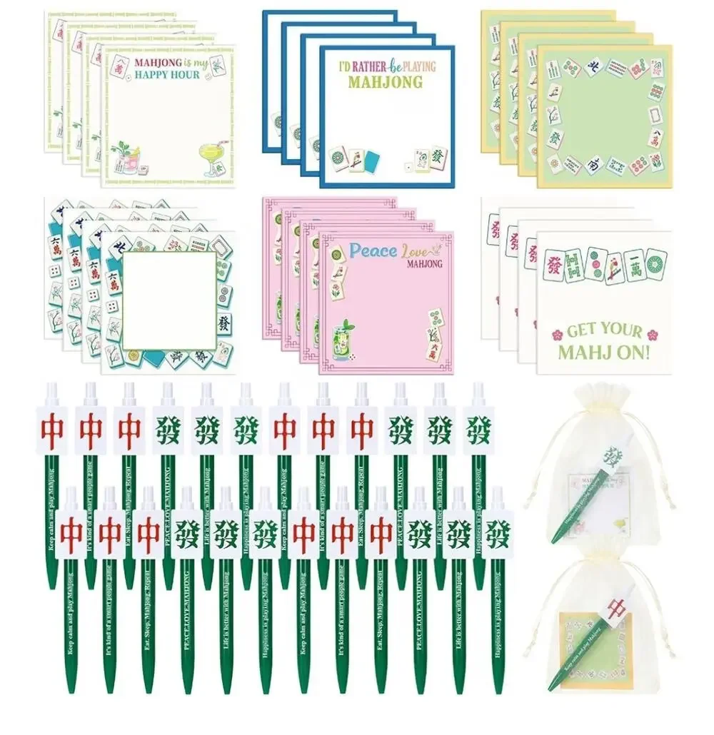 24 Set Mahjong Party Supplies with Sticky Notepads and Ballpoint Pens 6 Styles